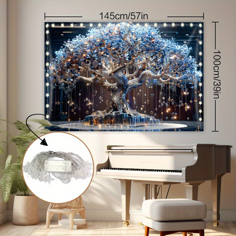 Light-Up Tree Tapestry with Crystal Tassels Battery-Operated LED Wall Decor for Living Room