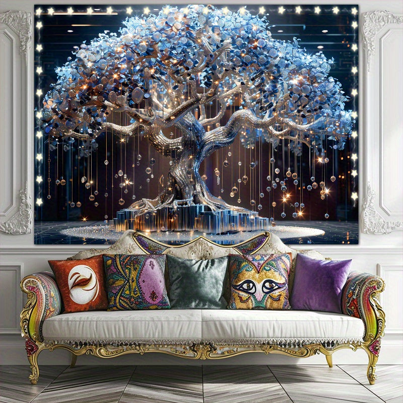 Light-Up Tree Tapestry with Crystal Tassels Battery-Operated LED Wall Decor for Living Room