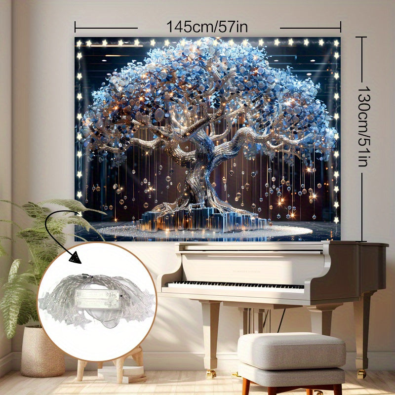 Light-Up Tree Tapestry with Crystal Tassels Battery-Operated LED Wall Decor for Living Room