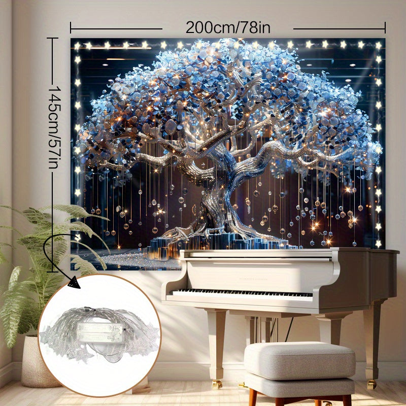 Light-Up Tree Tapestry with Crystal Tassels Battery-Operated LED Wall Decor for Living Room