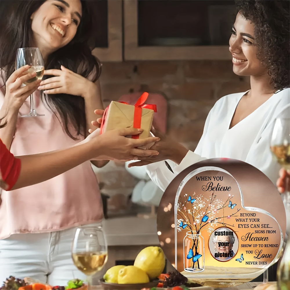 Acrylic Heart Plaque with Personalized Photo and Butterfly Design for Desk or Gift