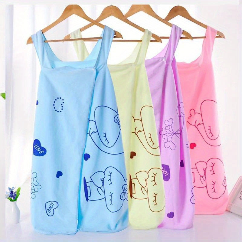 Махровое полотенце для женщин с изображением мультяшного кролика, с грудным ремешком для удобного ношения. Изготовлено из стойкого к выцветанию, впитывающего полиэстера. Мягкое, быстро сохнущее и современного стиля.