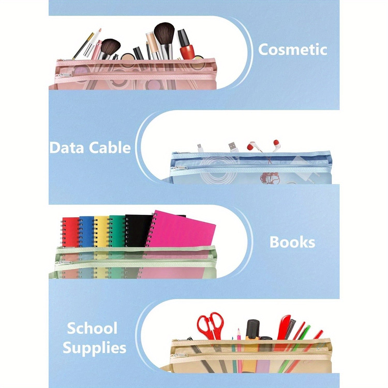 10 ta paket tarmoq zipli sumkalar kitoblar va saqlash uchun nafas oladigan naylon ko'rinishli ko'p rangli