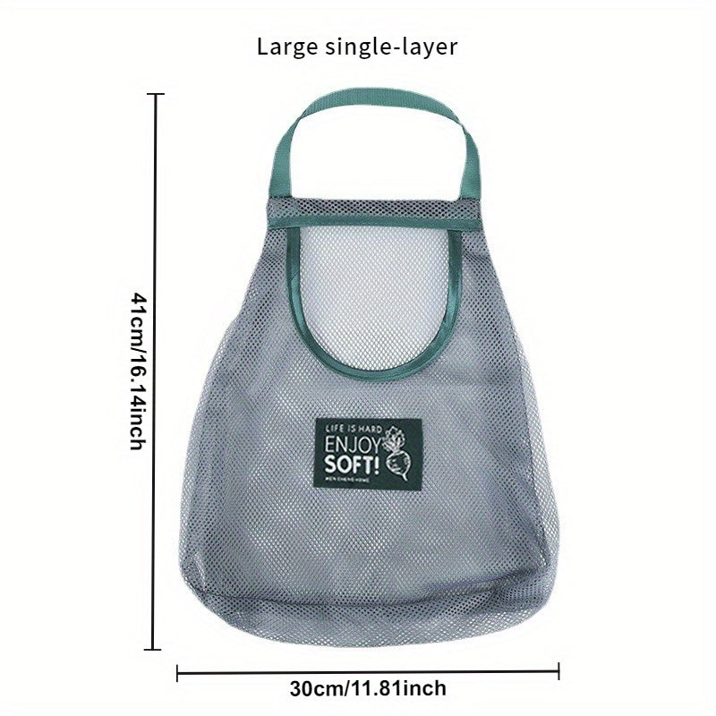 Gray Mesh Kitchen Storage Bag with Green Handles Wall Organizer for Vegetables