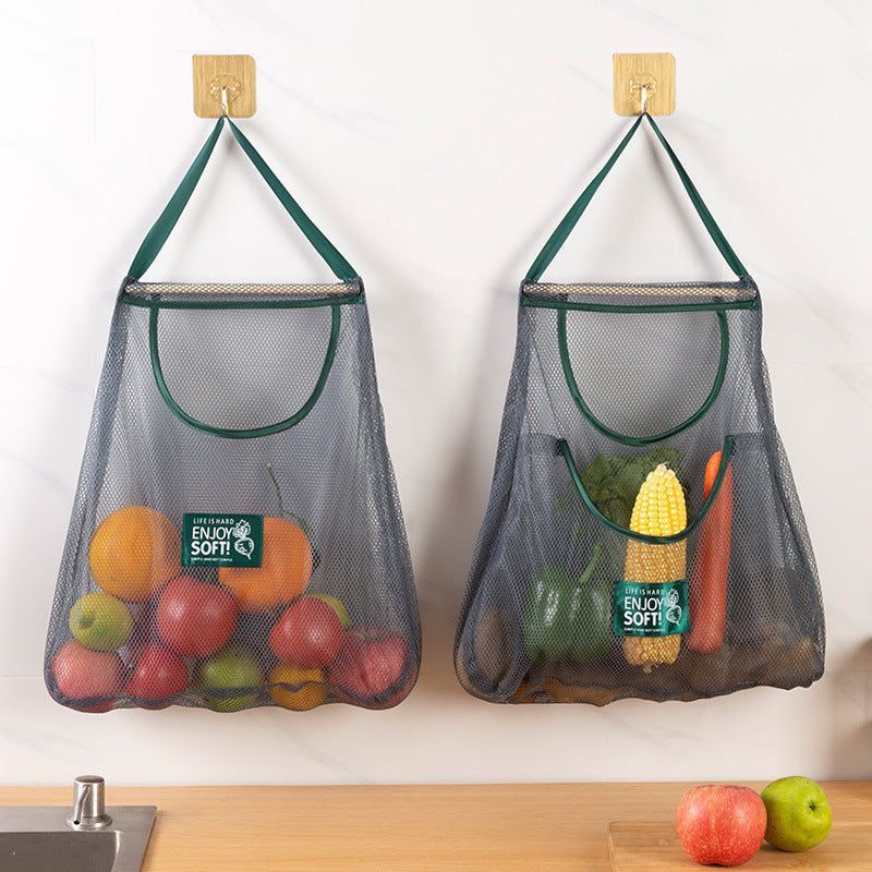 Gray Mesh Kitchen Storage Bag with Green Handles Wall Organizer for Vegetables