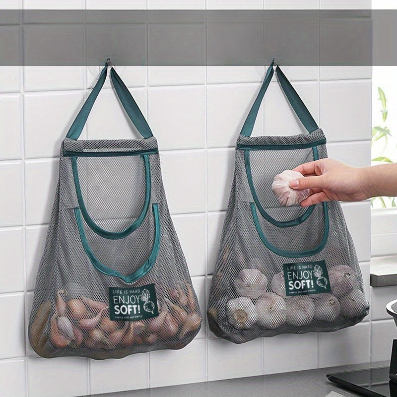 Gray Mesh Kitchen Storage Bag with Green Handles Wall Organizer for Vegetables