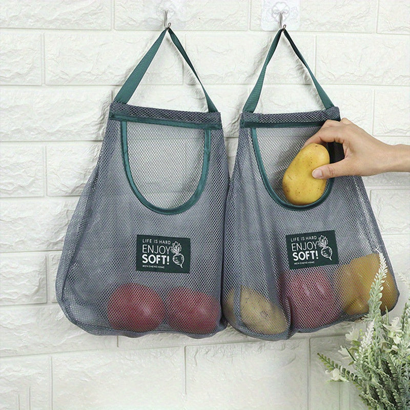 Gray Mesh Kitchen Storage Bag with Green Handles Wall Organizer for Vegetables