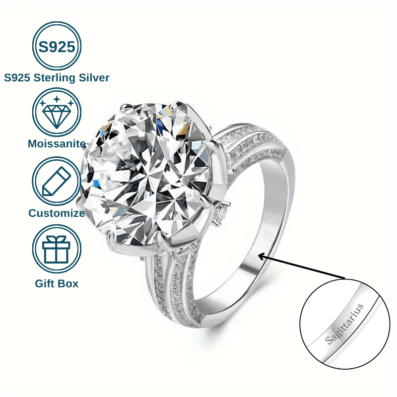 Sterling Silver Moissanite Engagement Ring 10CT Round Cut Personalized Lettering