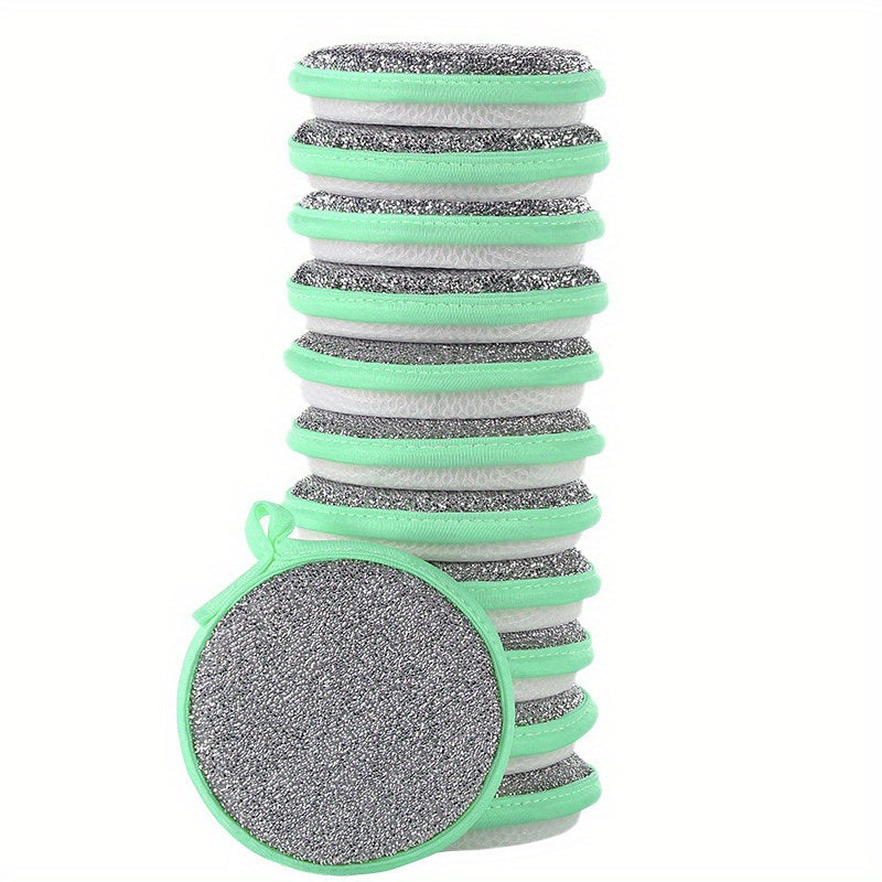 12 zamonaviy doira shaklidagi monogramli mikroto'qimalardan tayyorlangan idish yuvish gubkalari faqat qo'l bilan yuvish uchun. Ikkita tomonlama, qayta ishlatiladigan oshxona tozalash vositalari multfilm sochiq mavzusida.