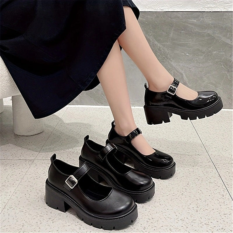 Women's Mary Jane Platform Shoes Faux Leather Buckle Solid Color Rubber Sole