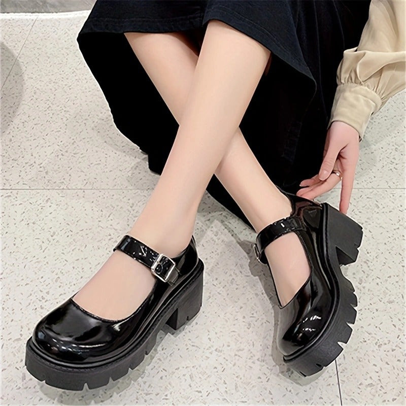 Women's Mary Jane Platform Shoes Faux Leather Buckle Solid Color Rubber Sole