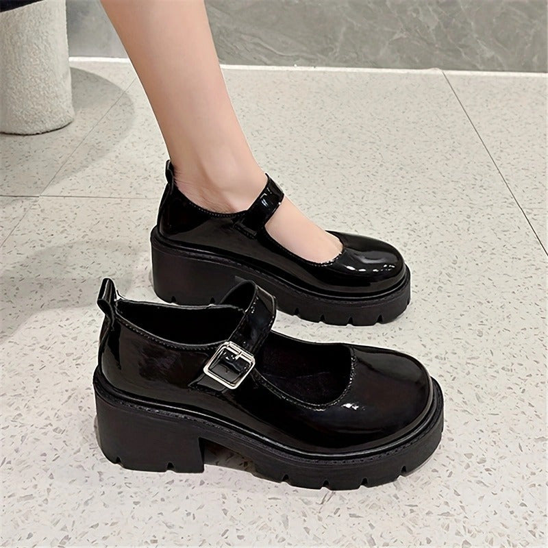 Women's Mary Jane Platform Shoes Faux Leather Buckle Solid Color Rubber Sole