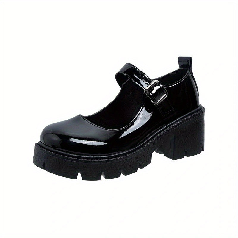 Women's Mary Jane Platform Shoes Faux Leather Buckle Solid Color Rubber Sole