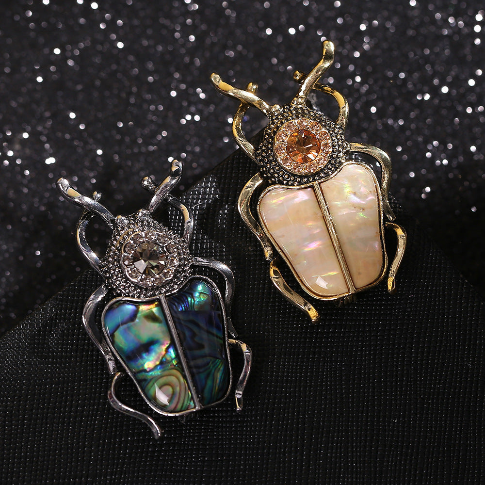 Unisex Beetle-Shaped Shell and Rhinestone Brooches for Office and Casual Wear