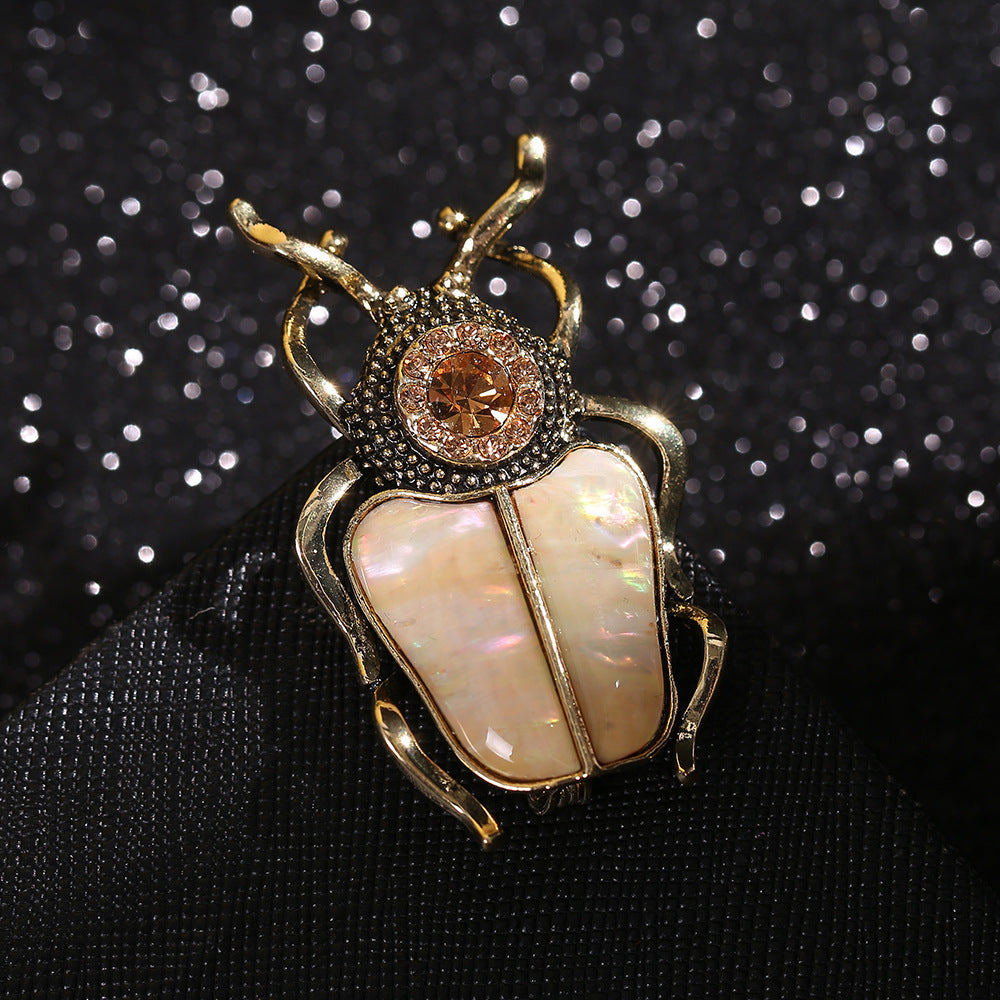 Unisex Beetle-Shaped Shell and Rhinestone Brooches for Office and Casual Wear