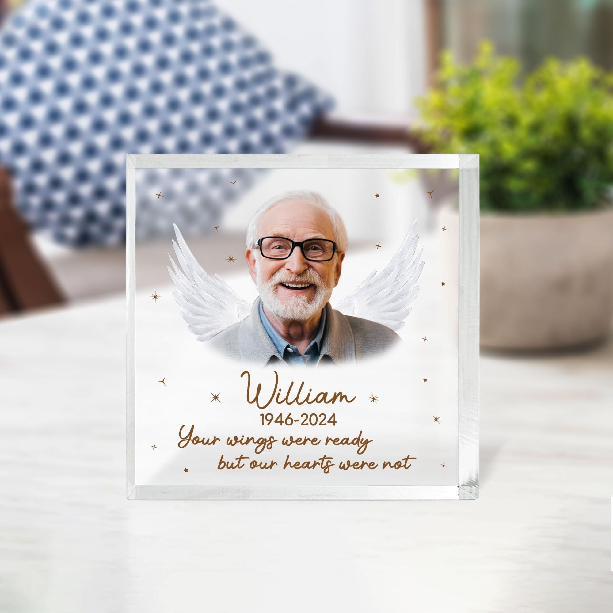 Personalized Memorial Plaque with Photo for Father Engraved Angel Wings Bereavement Keepsake