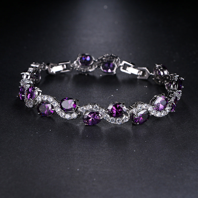 Oval Zirconia Bracelet in Purple Silver-Tone Chain for Parties and Gifting