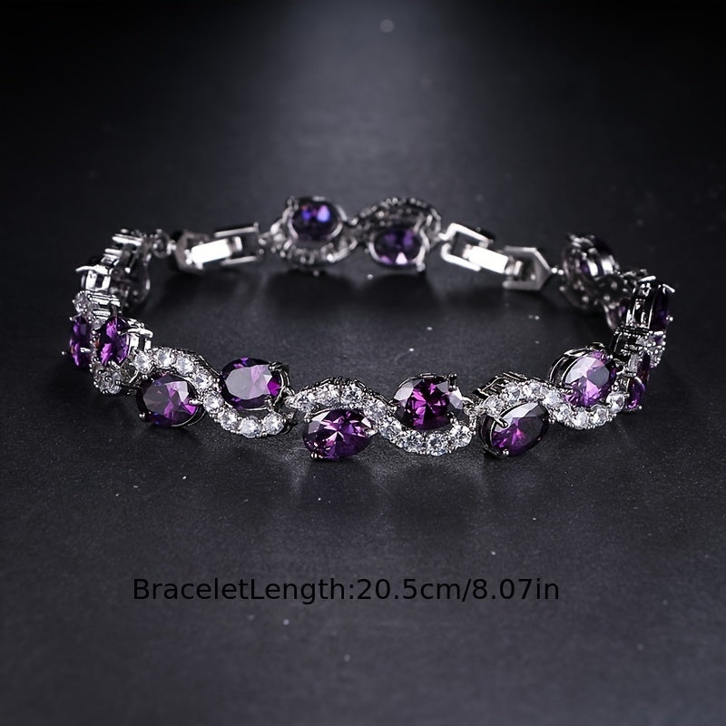 Oval Zirconia Bracelet in Purple Silver-Tone Chain for Parties and Gifting
