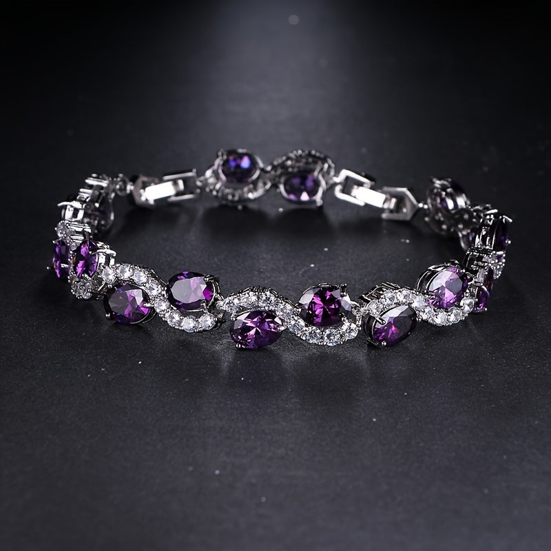 Oval Zirconia Bracelet in Purple Silver-Tone Chain for Parties and Gifting