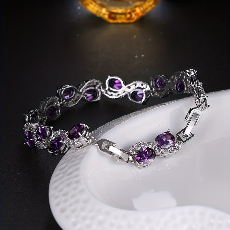 Oval Zirconia Bracelet in Purple Silver-Tone Chain for Parties and Gifting