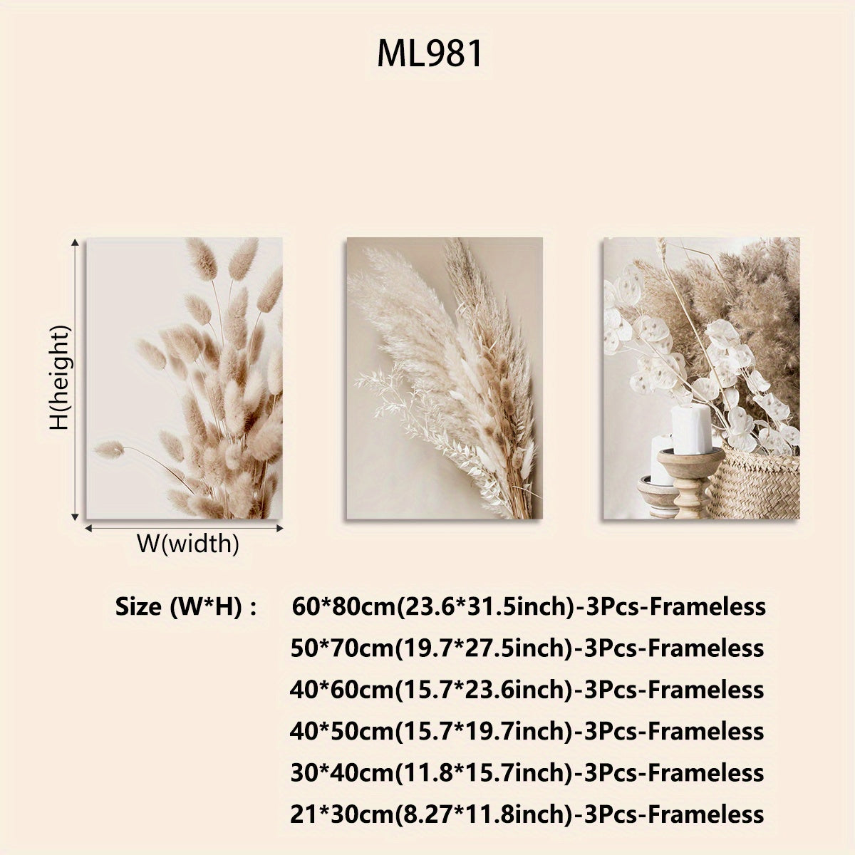 3-Piece Frameless Canvas Wall Art Set Botanical Prints Pampas Grass Reed Leaves Modern Minimalist Decor