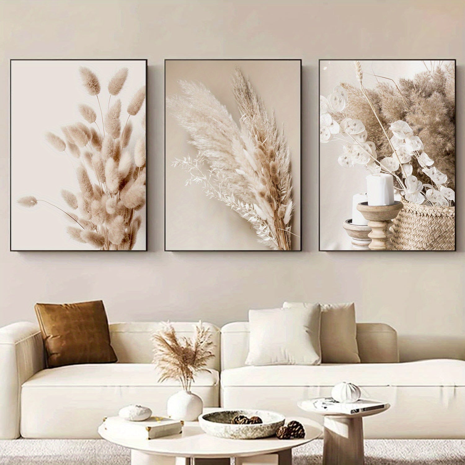 3-Piece Frameless Canvas Wall Art Set Botanical Prints Pampas Grass Reed Leaves Modern Minimalist Decor