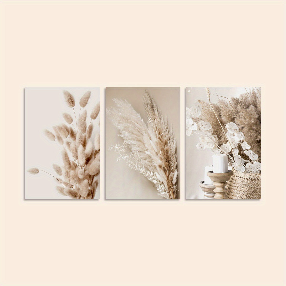 3-Piece Frameless Canvas Wall Art Set Botanical Prints Pampas Grass Reed Leaves Modern Minimalist Decor