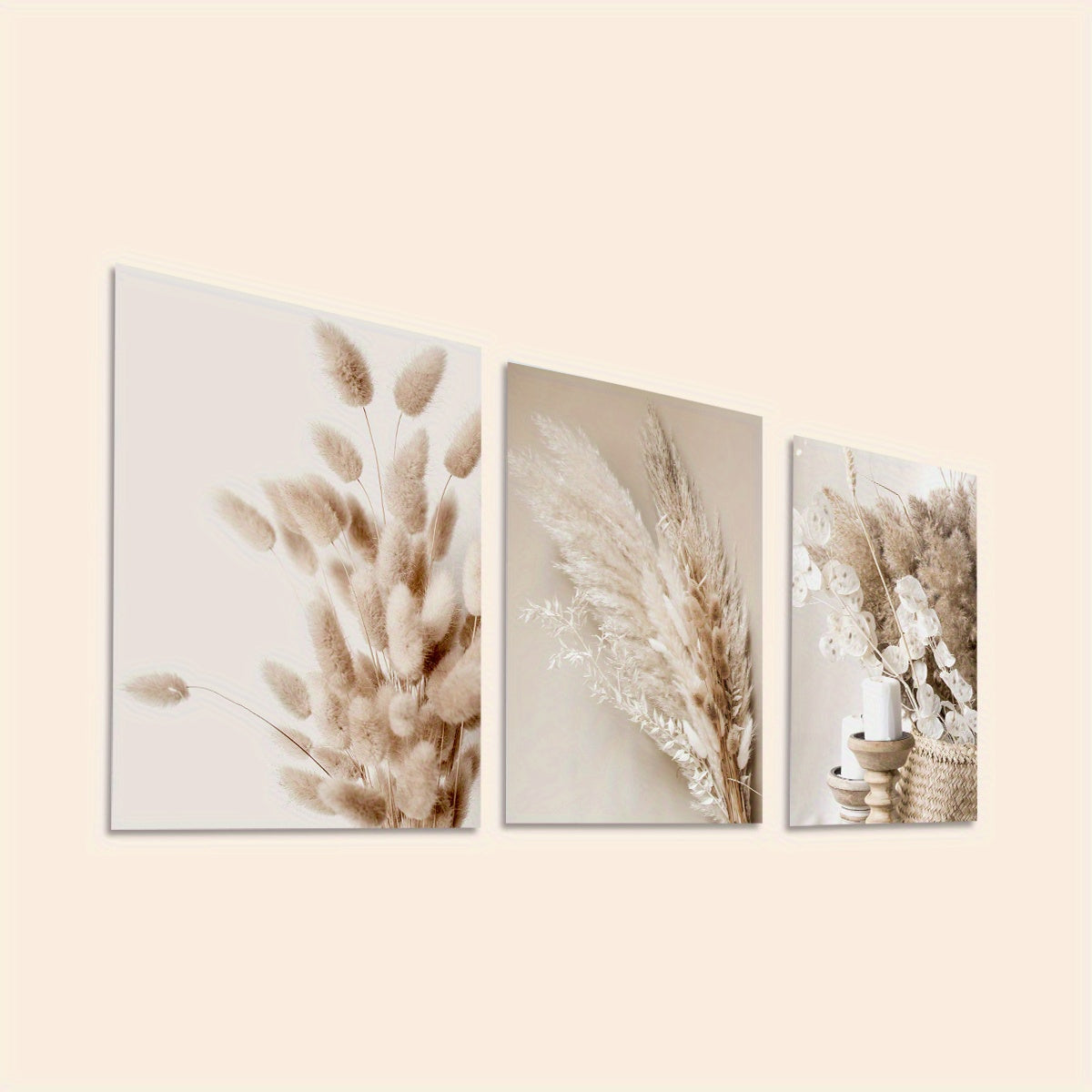 3-Piece Frameless Canvas Wall Art Set Botanical Prints Pampas Grass Reed Leaves Modern Minimalist Decor