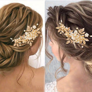 Vintage Alloy Bridal Hair Clip with Golden Leaf Pearl Flower for Women