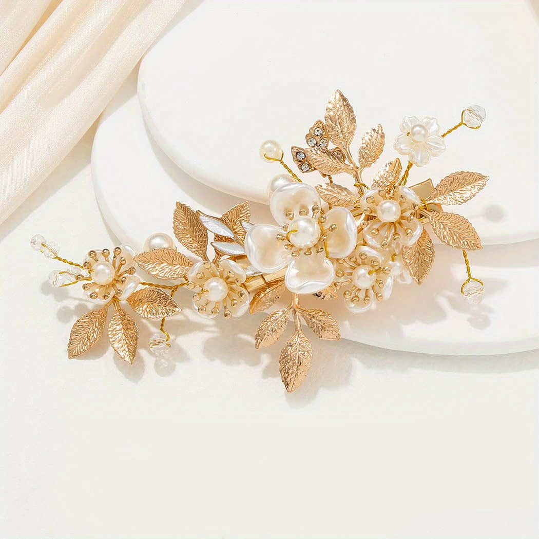 Vintage Alloy Bridal Hair Clip with Golden Leaf Pearl Flower for Women