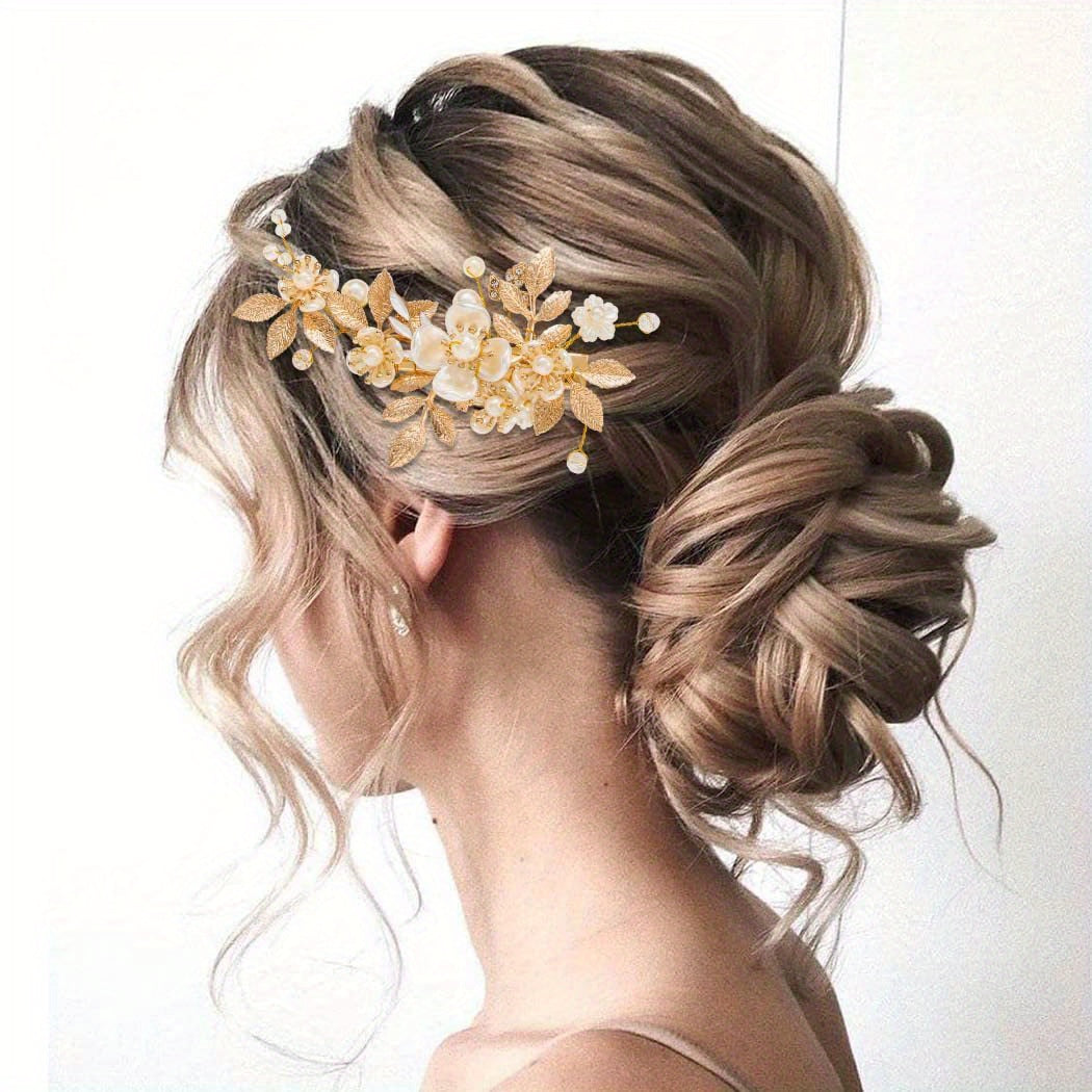 Vintage Alloy Bridal Hair Clip with Golden Leaf Pearl Flower for Women