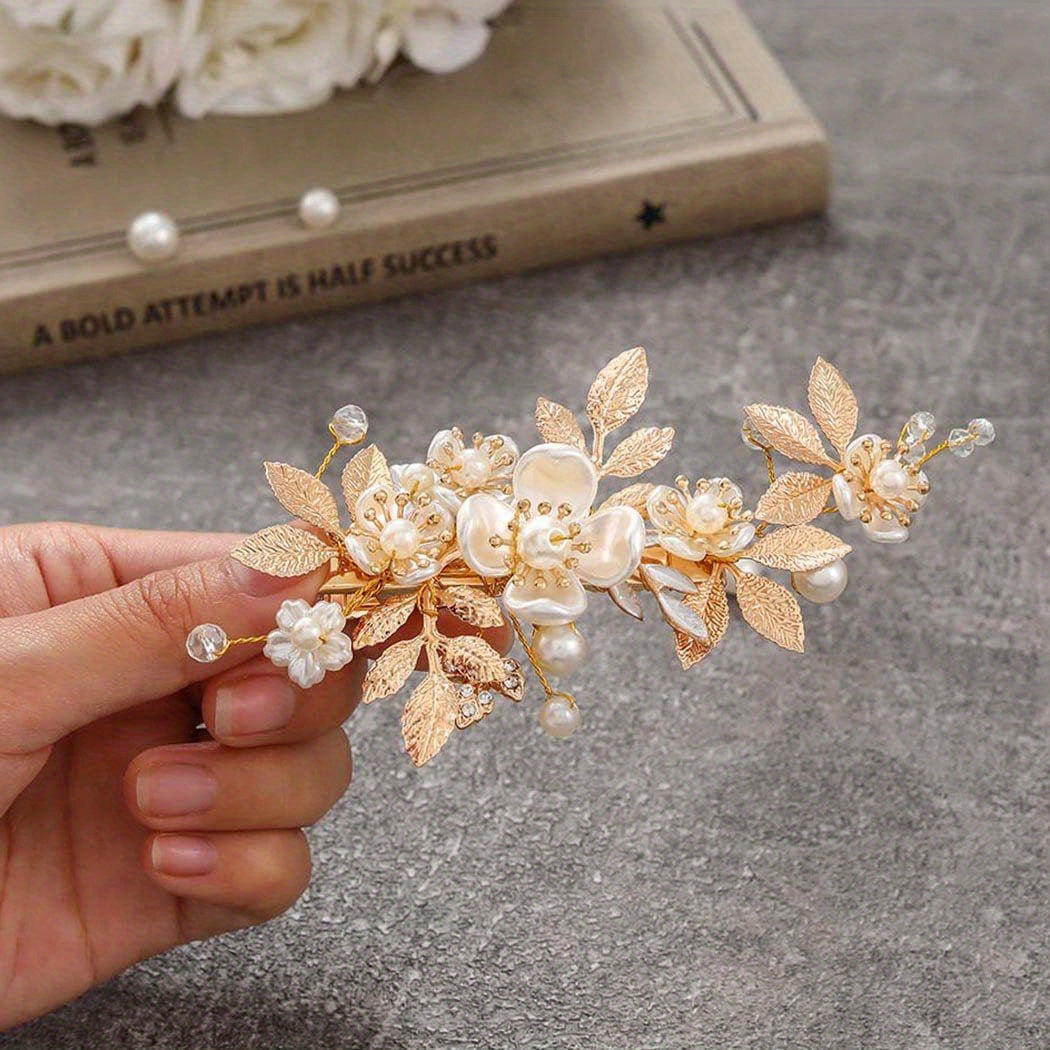 Vintage Alloy Bridal Hair Clip with Golden Leaf Pearl Flower for Women