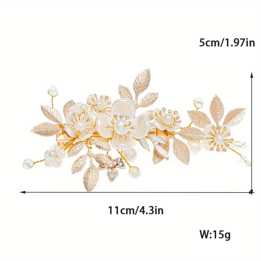 Vintage Alloy Bridal Hair Clip with Golden Leaf Pearl Flower for Women