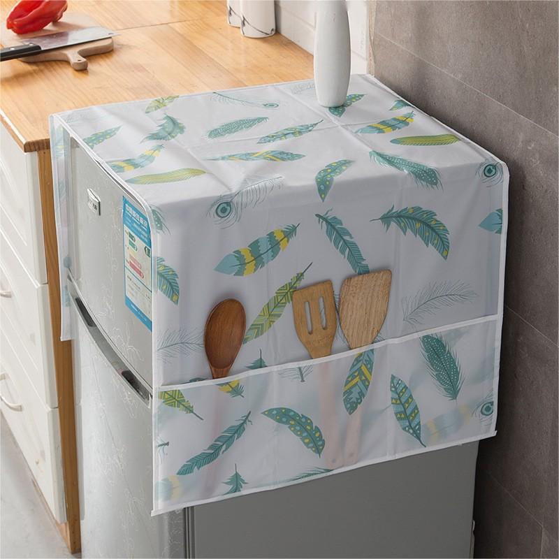 Feather Print Dust Cover for Refrigerator and Washing Machine Water Oil Resistant Storage Pockets