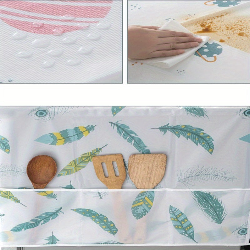 Feather Print Dust Cover for Refrigerator and Washing Machine Water Oil Resistant Storage Pockets