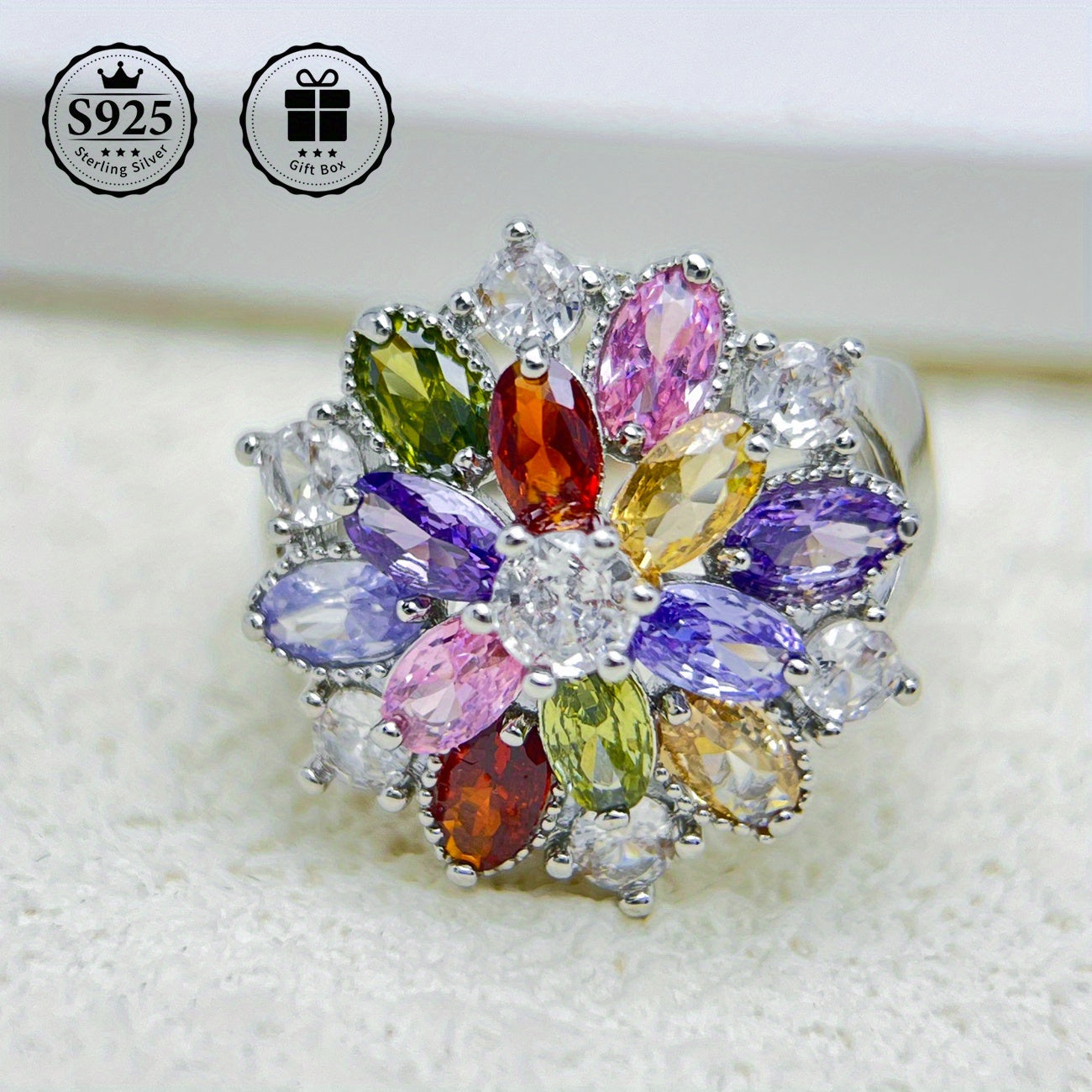 Silver Flower Ring with Zirconia Stones for Weddings and Gifts