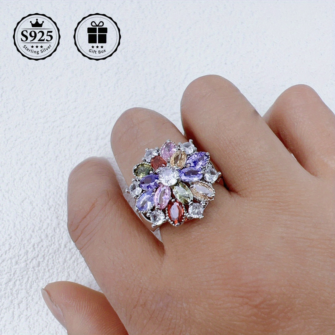 Silver Flower Ring with Zirconia Stones for Weddings and Gifts