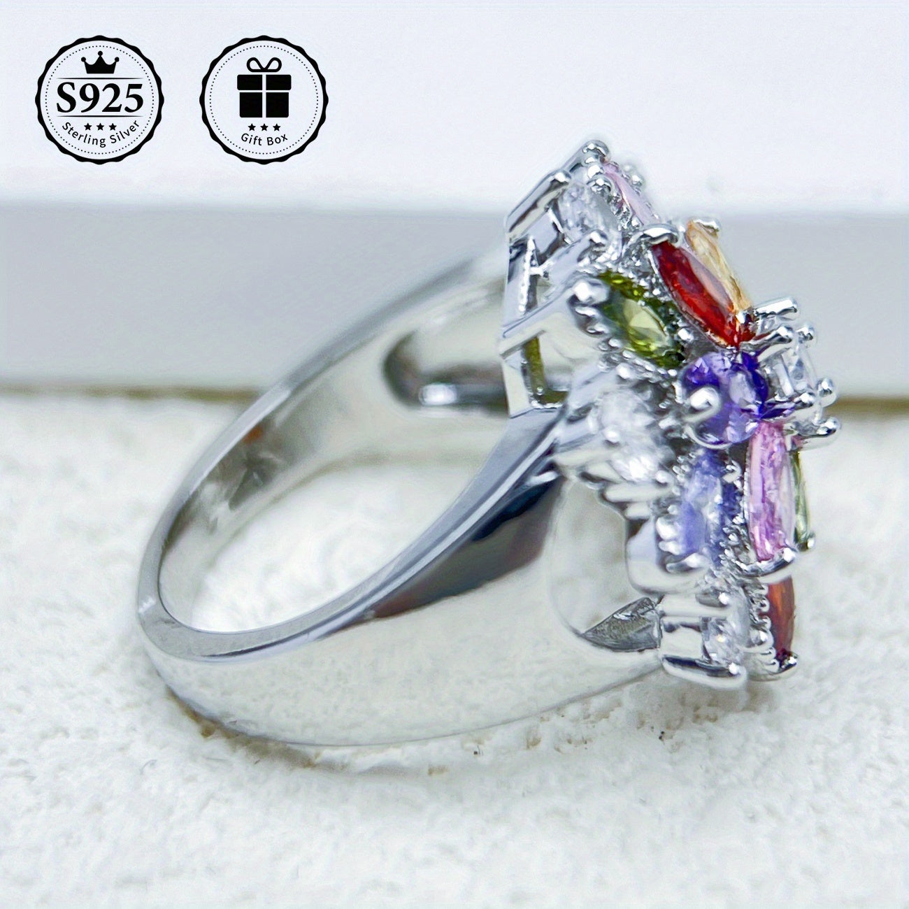 Silver Flower Ring with Zirconia Stones for Weddings and Gifts