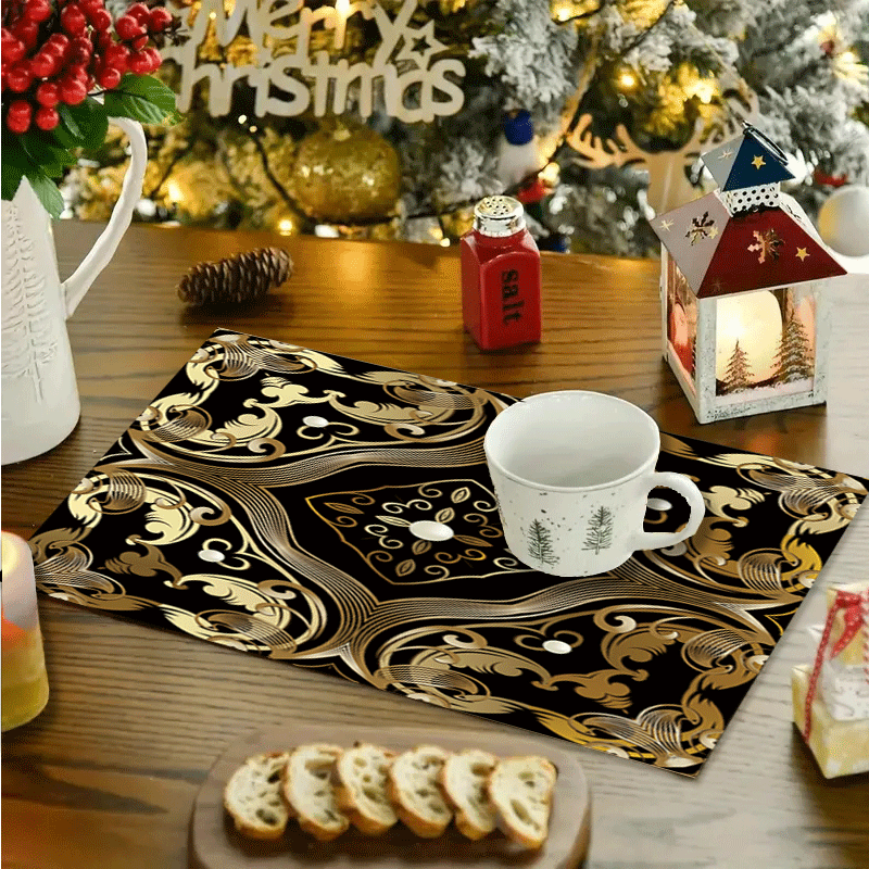 Linen Table Mats with Pearls and Gold Floral Design Non-Slip Heat-Resistant Washable Rectangular Dining Mats