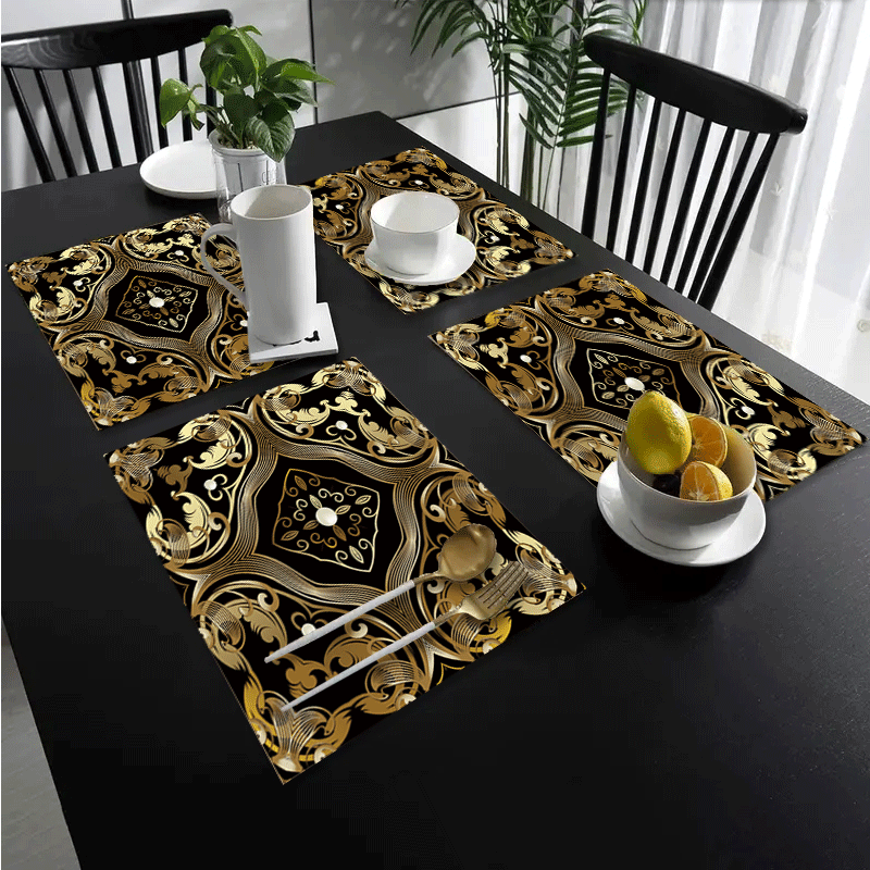 Linen Table Mats with Pearls and Gold Floral Design Non-Slip Heat-Resistant Washable Rectangular Dining Mats