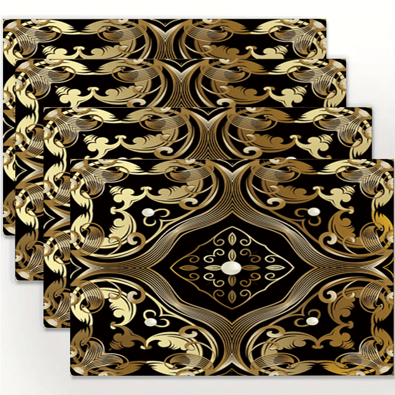 Linen Table Mats with Pearls and Gold Floral Design Non-Slip Heat-Resistant Washable Rectangular Dining Mats