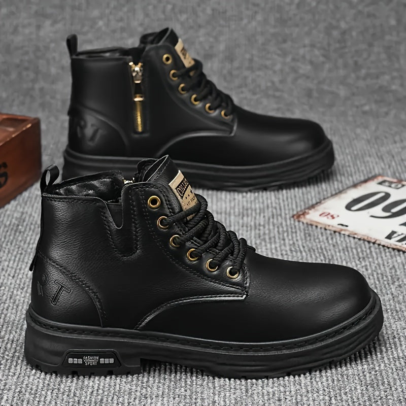 Men's Leather Lace-Up Boots with Zipper for Outdoor and Casual Wear