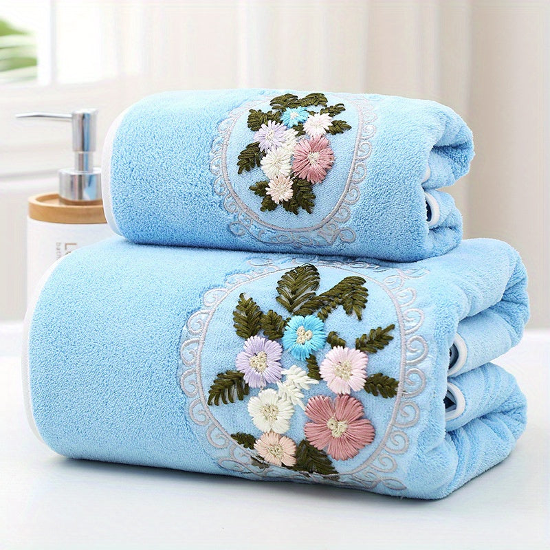 Set of 2 Embroidered Coral Fleece Towels Hand and Bath Soft Absorbent Fast-Drying