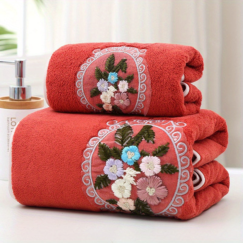 Set of 2 Embroidered Coral Fleece Towels Hand and Bath Soft Absorbent Fast-Drying