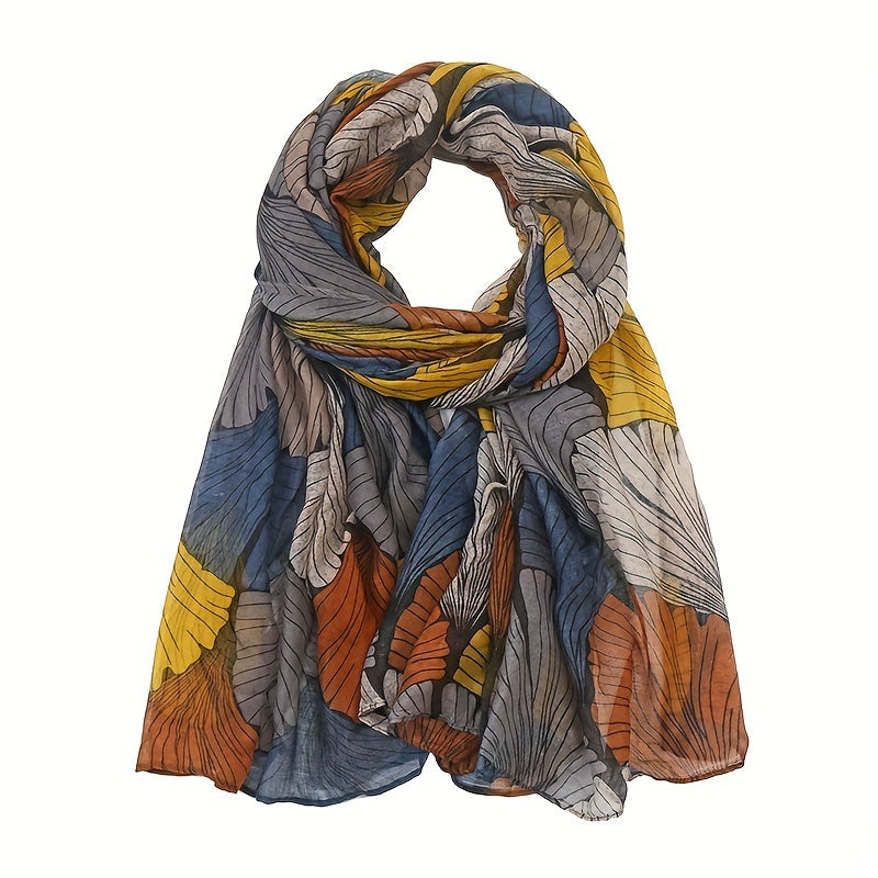 Elegant Ginkgo Leaf Print Bali Yarn Scarf Vintage Color Block Boho Shawl for Women