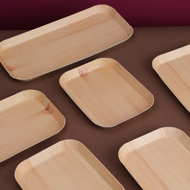 Set of 5 Biodegradable Wood Grain Disposable Paper Plates Rectangular Serving Trays for Parties