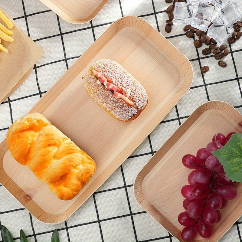 Set of 5 Biodegradable Wood Grain Disposable Paper Plates Rectangular Serving Trays for Parties