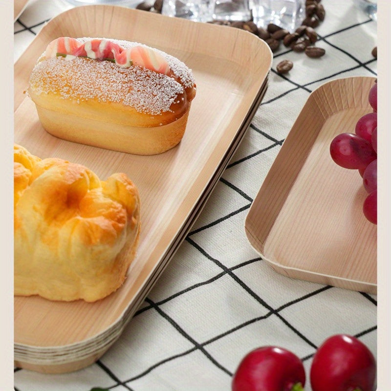 Set of 5 Biodegradable Wood Grain Disposable Paper Plates Rectangular Serving Trays for Parties