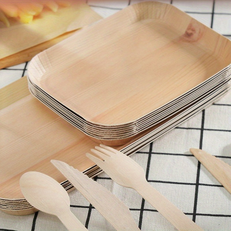 Set of 5 Biodegradable Wood Grain Disposable Paper Plates Rectangular Serving Trays for Parties
