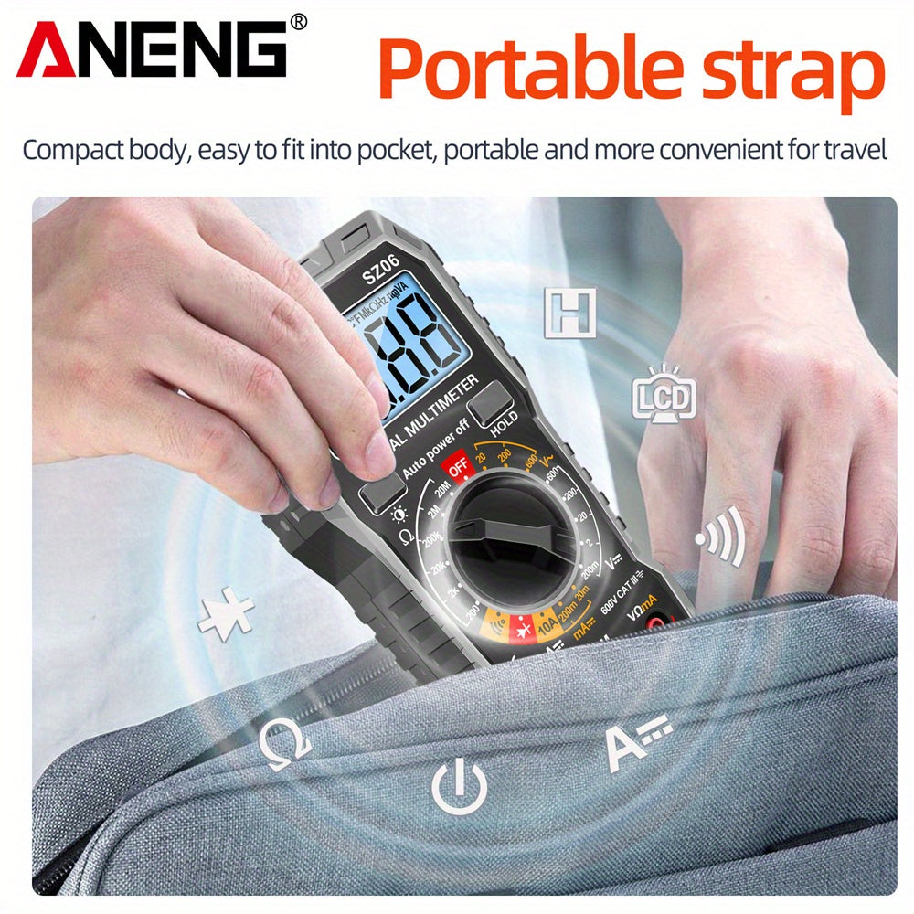 Цифровой мультиметр ANENG SZ06 на 2000 отсчетов с возможностями измерения переменного/постоянного напряжения, постоянного тока и сопротивления.